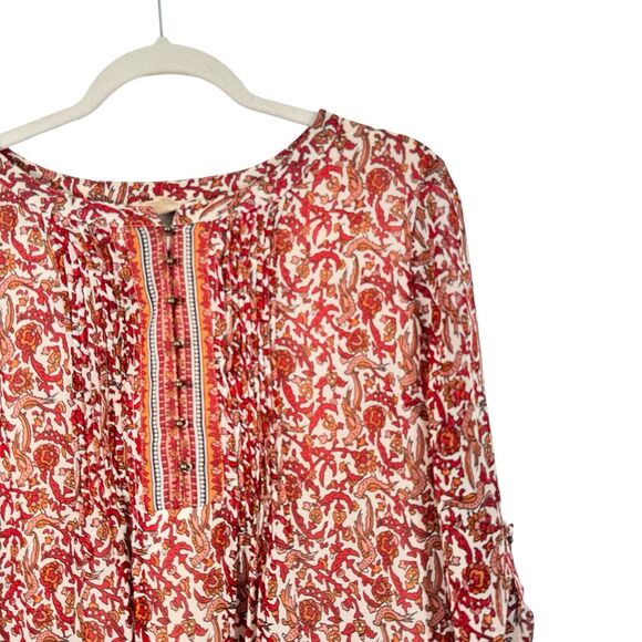 Meadow Rue Anthropologie Orange Floral Roll Tab Sleeve Blouse Boho Womens Large - Picture 2 of 6